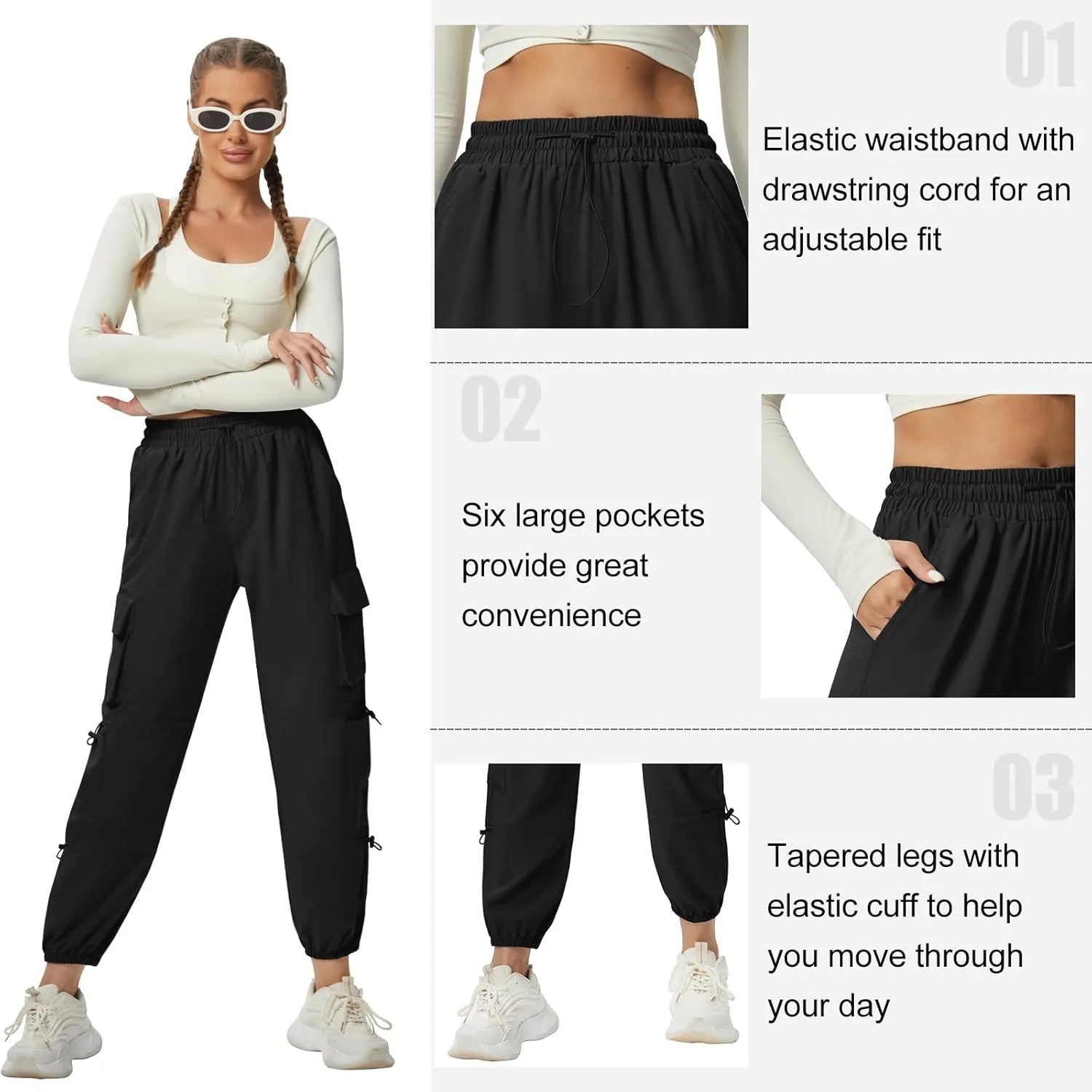 Quick Dry Cargo Pants Lightweight Tactical Hiking Pants with 6 Pockets for Women, Elastic Waist and Water-Resistant