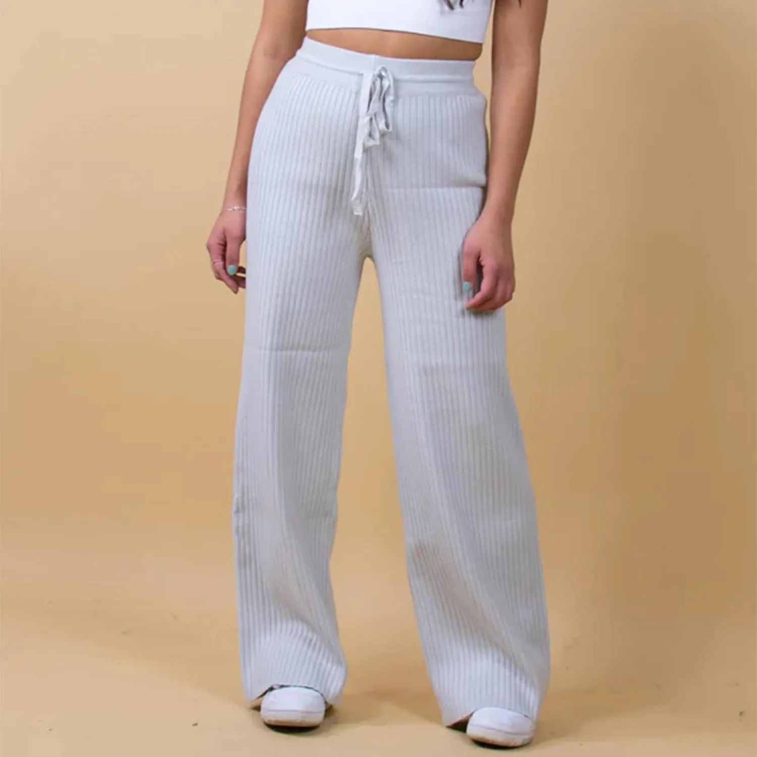 Ribbed Knit Pants Women High Elastic Waist Flare Sweater Pants Wide Leg Lounge Pants Sleep Drawstring Trousers