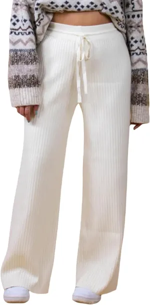 Ribbed Knit Pants Women High Elastic Waist Flare Sweater Pants Wide Leg Lounge Pants Sleep Drawstring Trousers