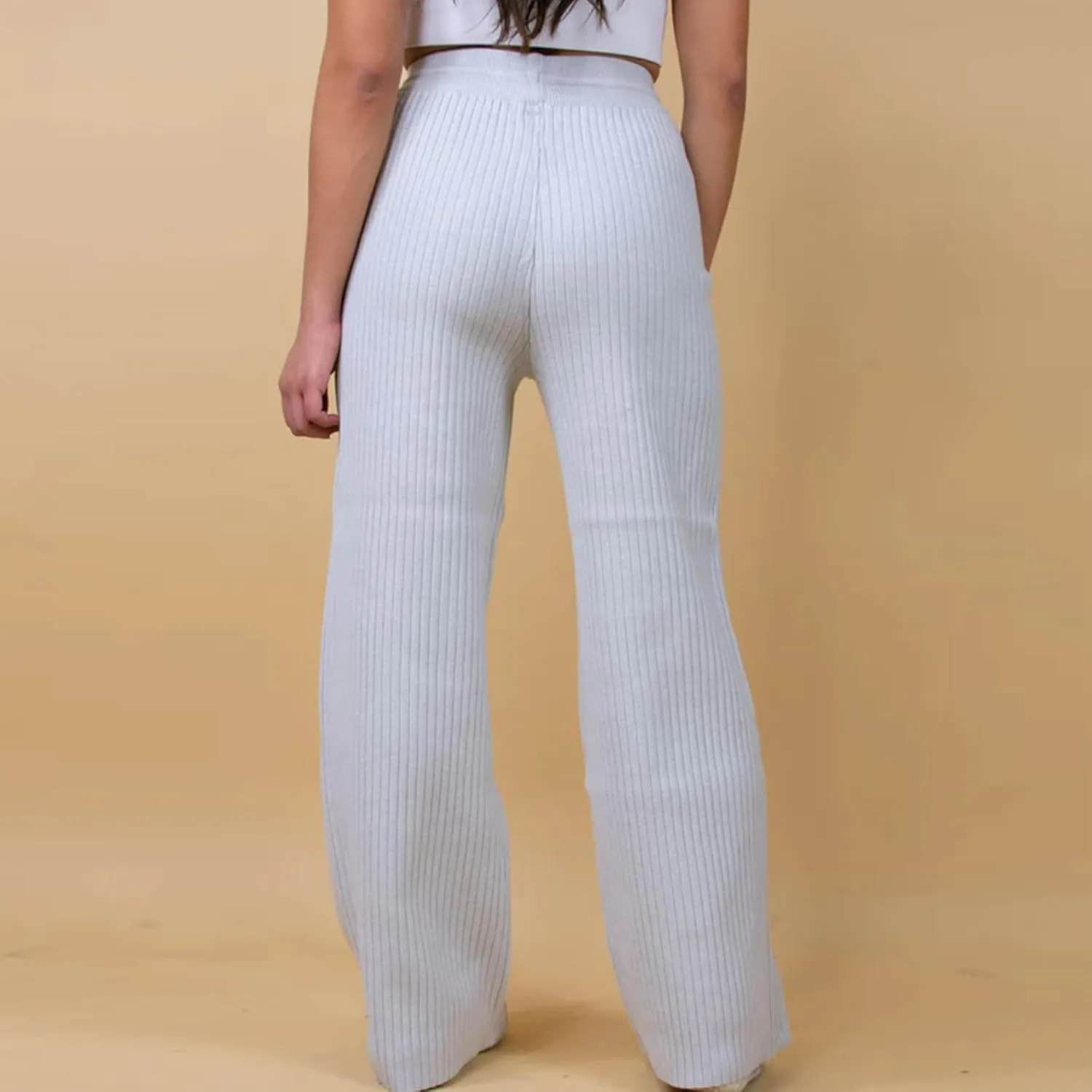Ribbed Knit Pants Women High Elastic Waist Flare Sweater Pants Wide Leg Lounge Pants Sleep Drawstring Trousers