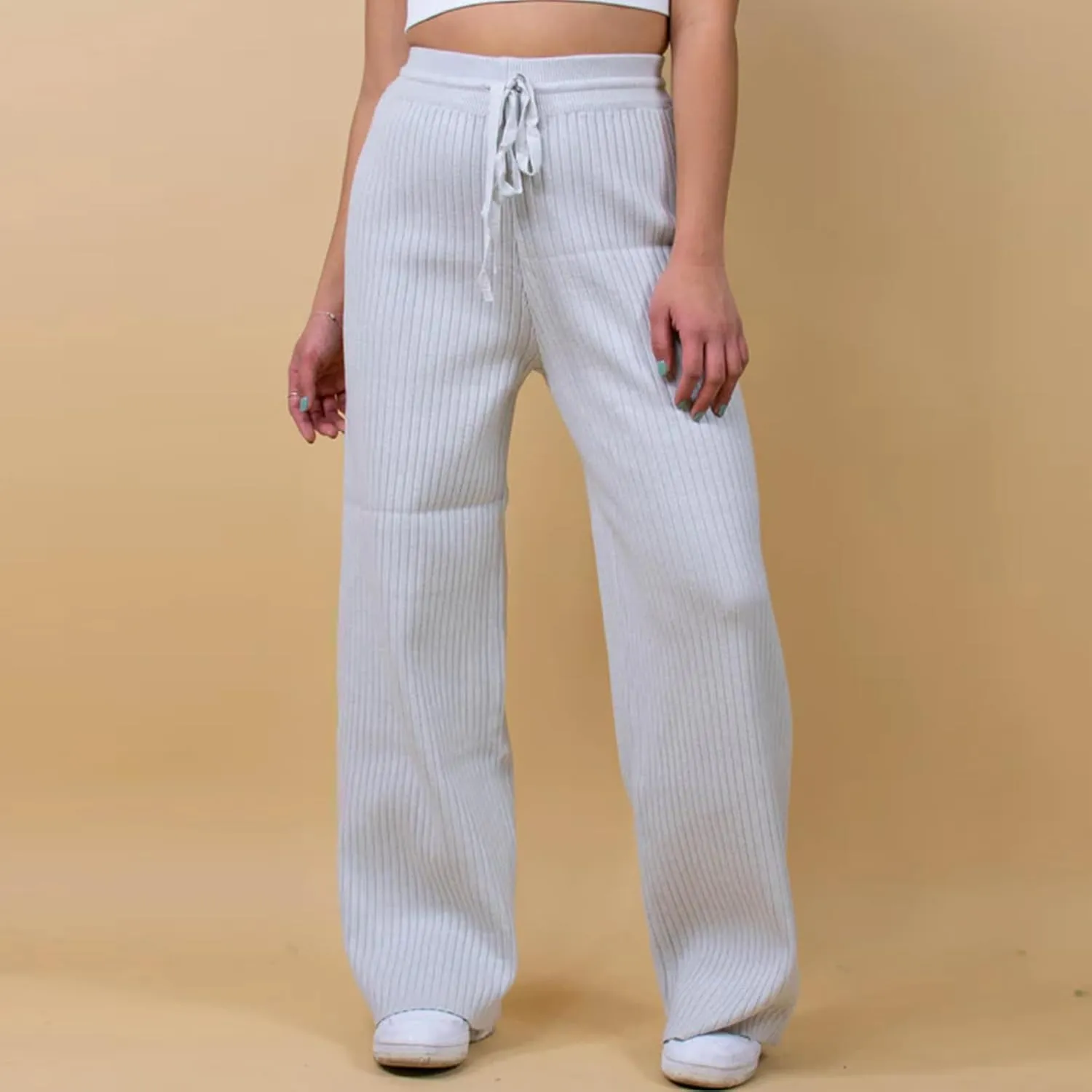 Ribbed Knit Pants Women High Elastic Waist Flare Sweater Pants Wide Leg Lounge Pants Sleep Drawstring Trousers
