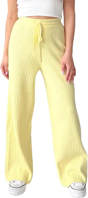 Ribbed Knit Pants Women High Elastic Waist Flare Sweater Pants Wide Leg Lounge Pants Sleep Drawstring Trousers