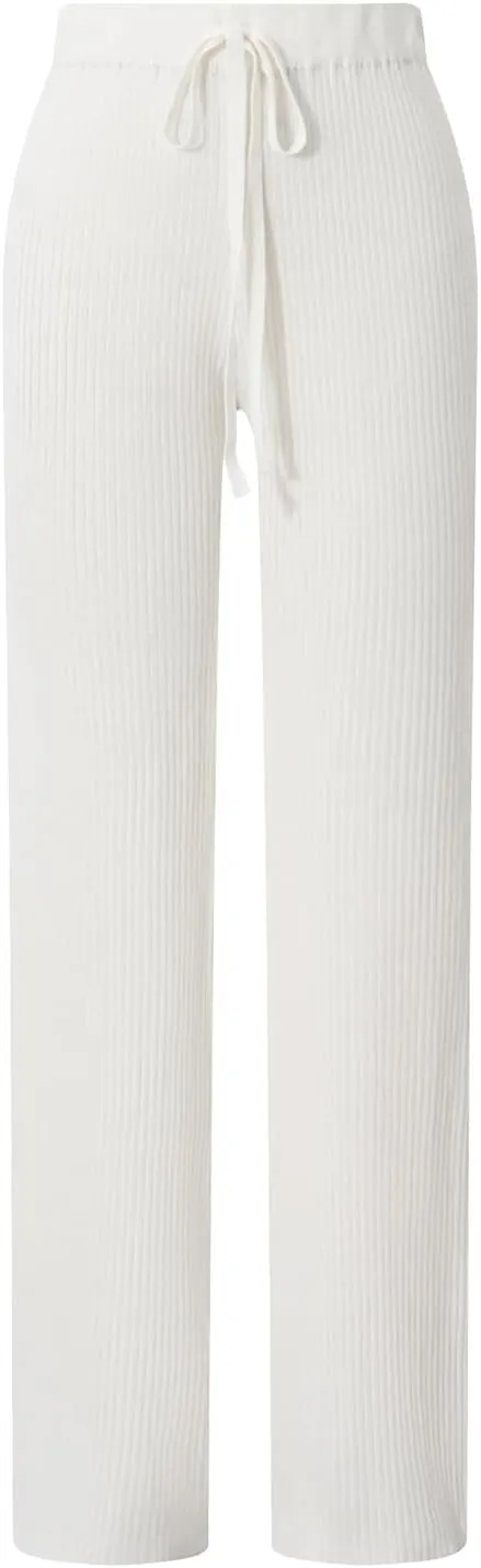 Ribbed Knit Pants Women High Elastic Waist Flare Sweater Pants Wide Leg Lounge Pants Sleep Drawstring Trousers