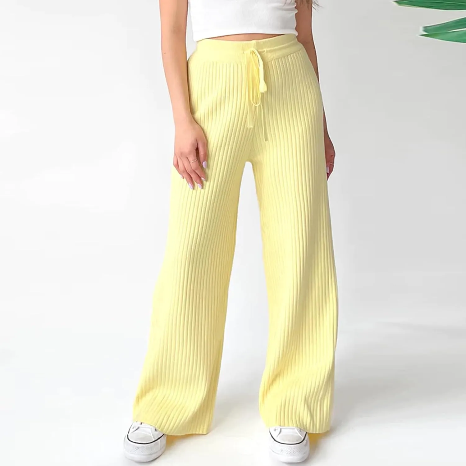 Ribbed Knit Pants Women High Elastic Waist Flare Sweater Pants Wide Leg Lounge Pants Sleep Drawstring Trousers