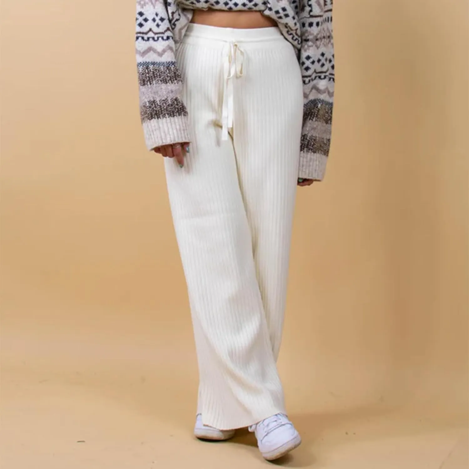 Ribbed Knit Pants Women High Elastic Waist Flare Sweater Pants Wide Leg Lounge Pants Sleep Drawstring Trousers