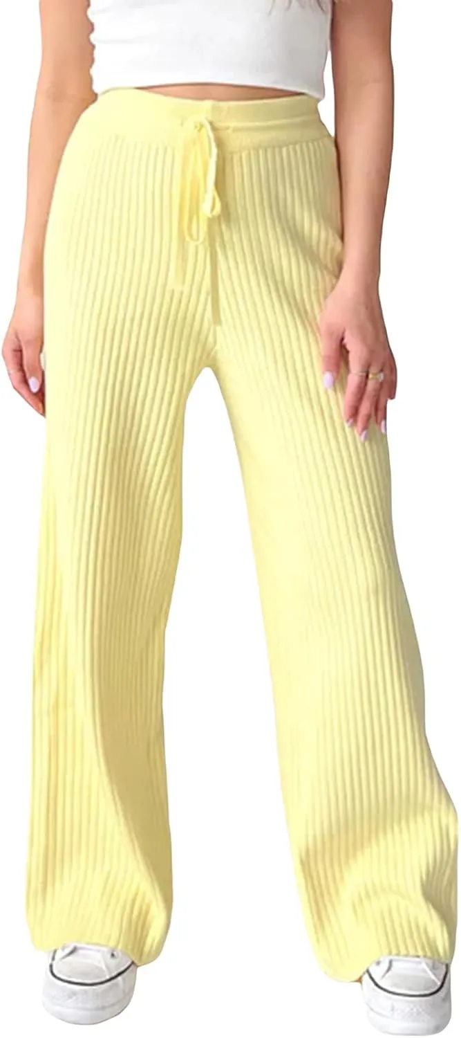 Ribbed Knit Pants Women High Elastic Waist Flare Sweater Pants Wide Leg Lounge Pants Sleep Drawstring Trousers