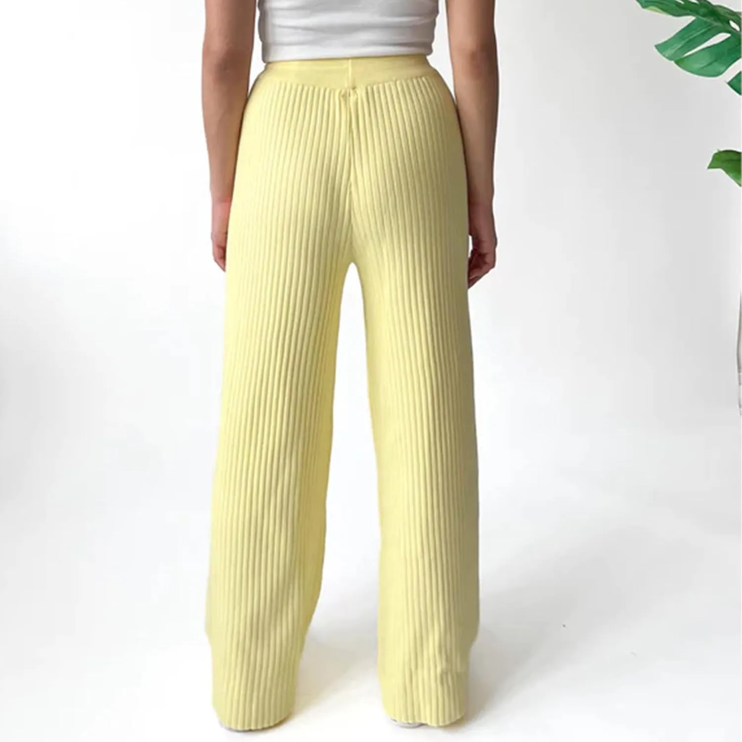 Ribbed Knit Pants Women High Elastic Waist Flare Sweater Pants Wide Leg Lounge Pants Sleep Drawstring Trousers