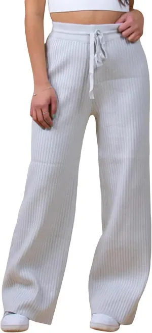 Ribbed Knit Pants Women High Elastic Waist Flare Sweater Pants Wide Leg Lounge Pants Sleep Drawstring Trousers