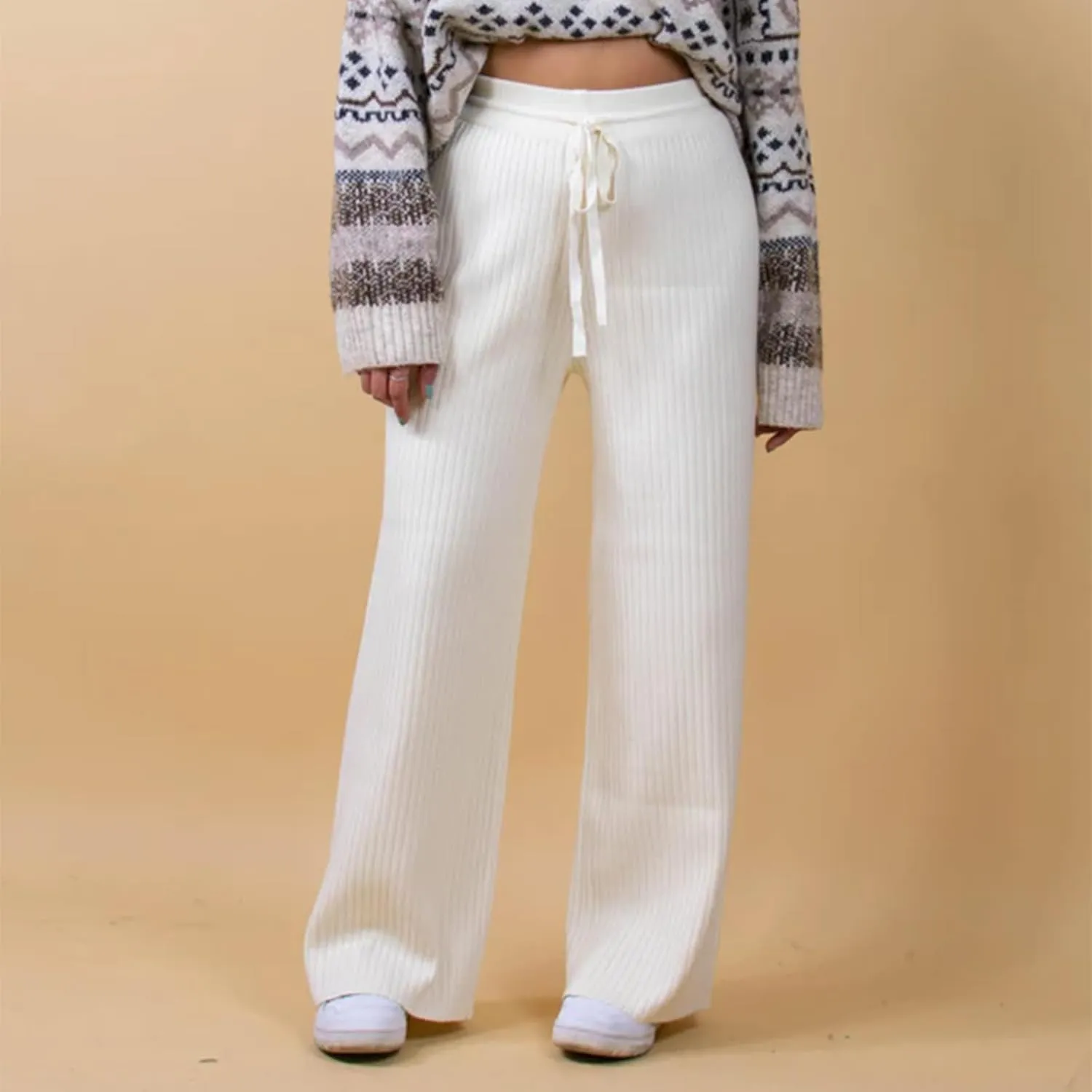 Ribbed Knit Pants Women High Elastic Waist Flare Sweater Pants Wide Leg Lounge Pants Sleep Drawstring Trousers