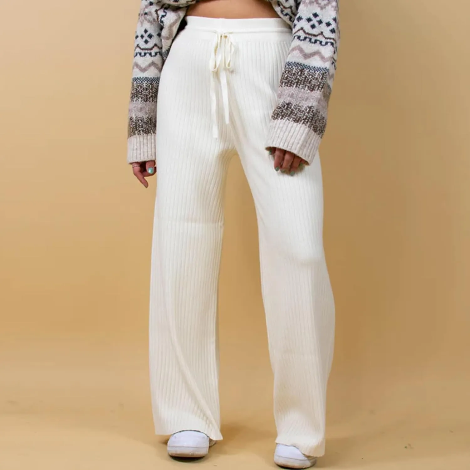 Ribbed Knit Pants Women High Elastic Waist Flare Sweater Pants Wide Leg Lounge Pants Sleep Drawstring Trousers