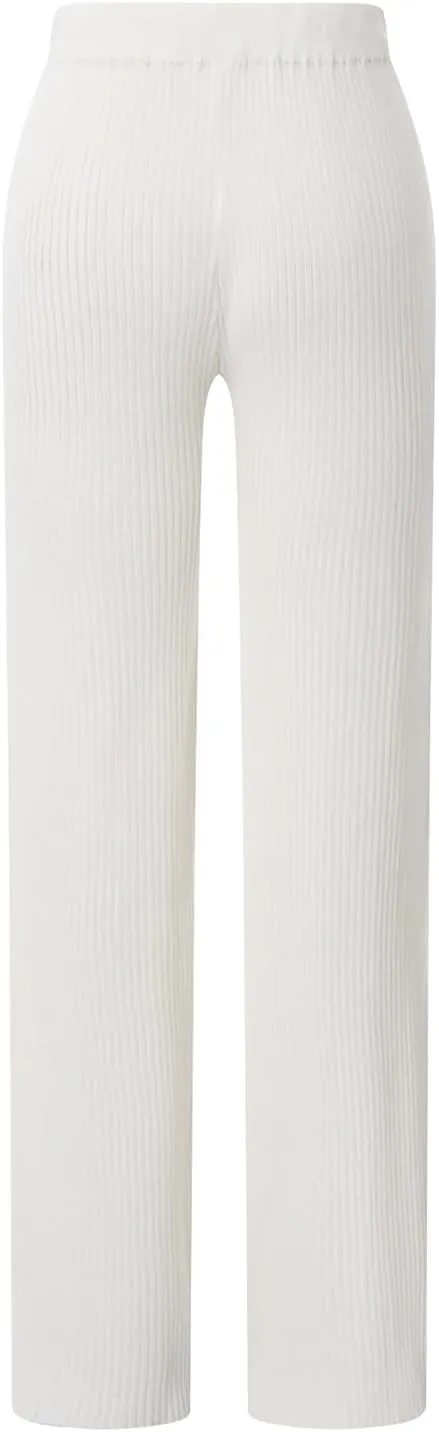 Ribbed Knit Pants Women High Elastic Waist Flare Sweater Pants Wide Leg Lounge Pants Sleep Drawstring Trousers