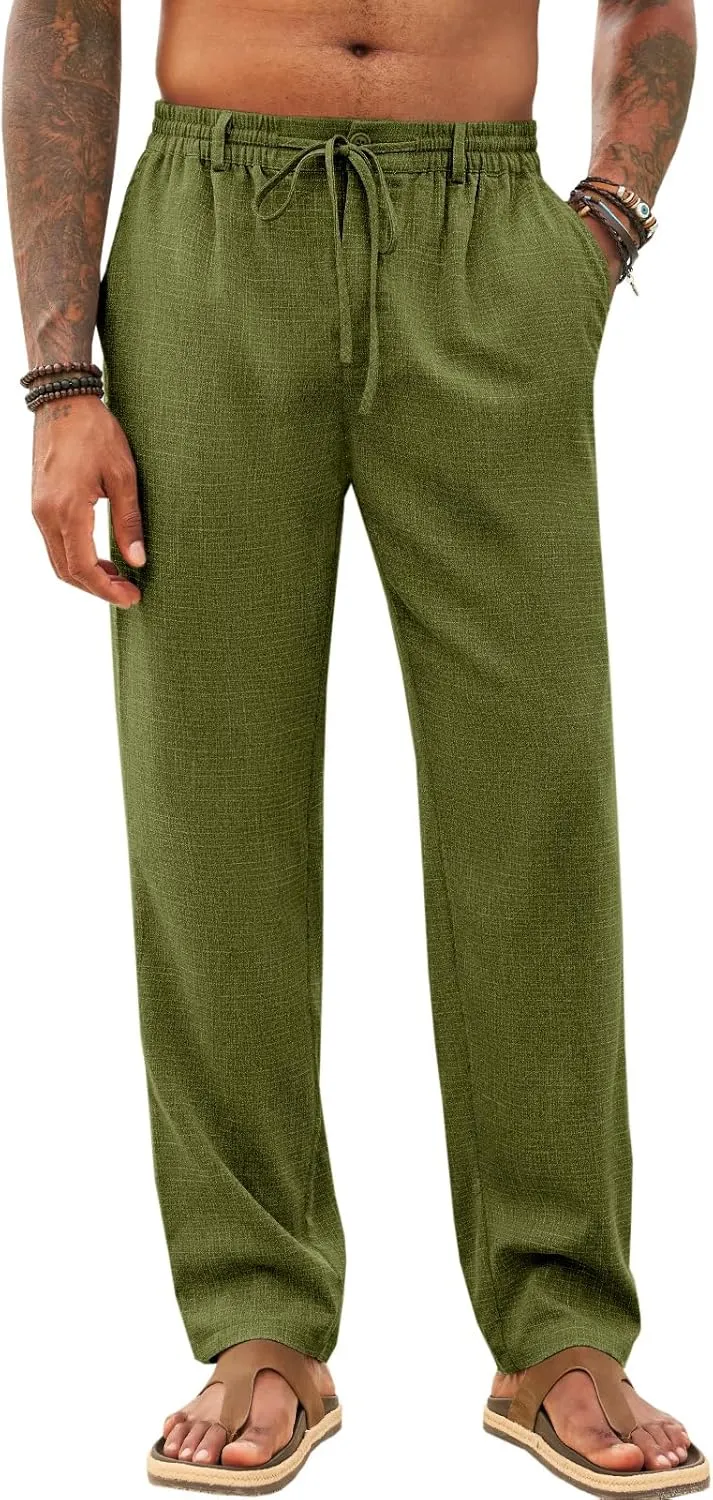 Runcati Mens Casual Pants Linen Elastic Waist Drawstring Lightweight Pants Loose Fit Summer Beach Yoga Trouser
