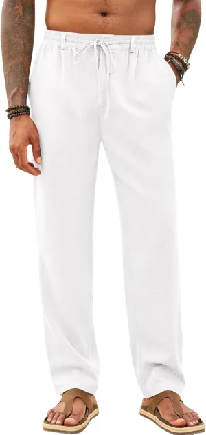 Runcati Mens Casual Pants Linen Elastic Waist Drawstring Lightweight Pants Loose Fit Summer Beach Yoga Trouser