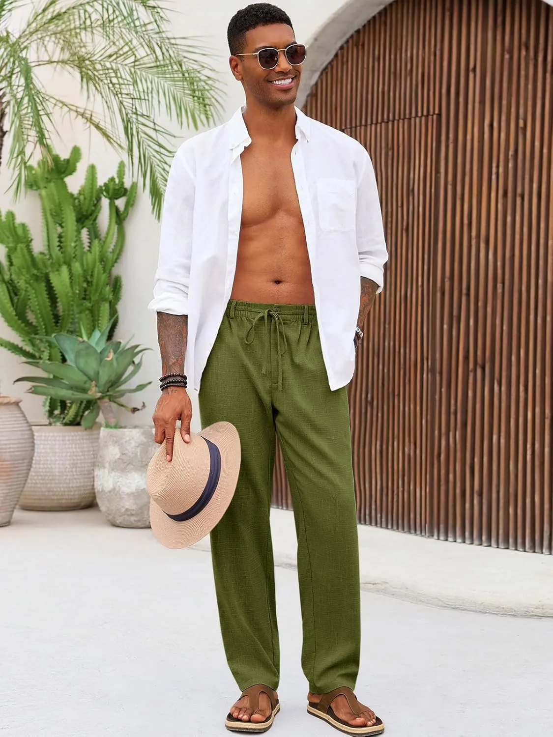 Runcati Mens Casual Pants Linen Elastic Waist Drawstring Lightweight Pants Loose Fit Summer Beach Yoga Trouser