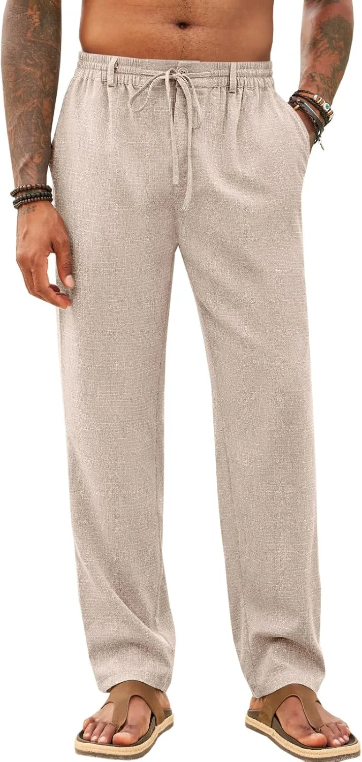 Runcati Mens Casual Pants Linen Elastic Waist Drawstring Lightweight Pants Loose Fit Summer Beach Yoga Trouser