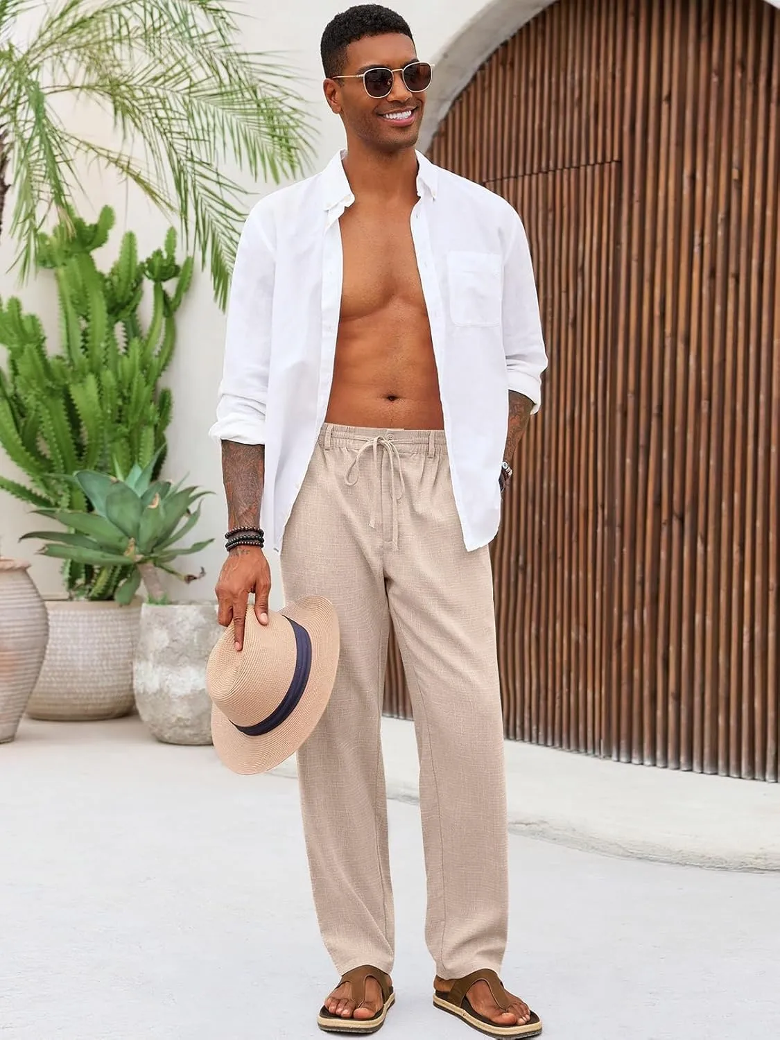 Runcati Mens Casual Pants Linen Elastic Waist Drawstring Lightweight Pants Loose Fit Summer Beach Yoga Trouser
