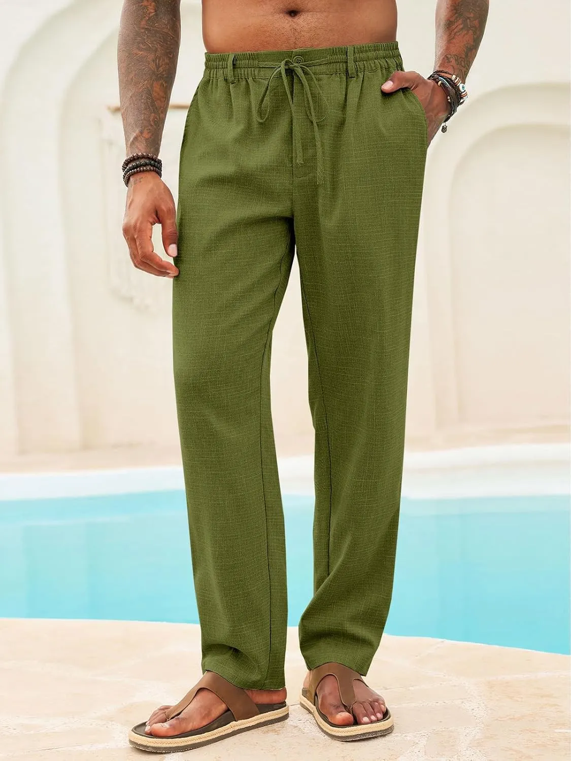 Runcati Mens Casual Pants Linen Elastic Waist Drawstring Lightweight Pants Loose Fit Summer Beach Yoga Trouser