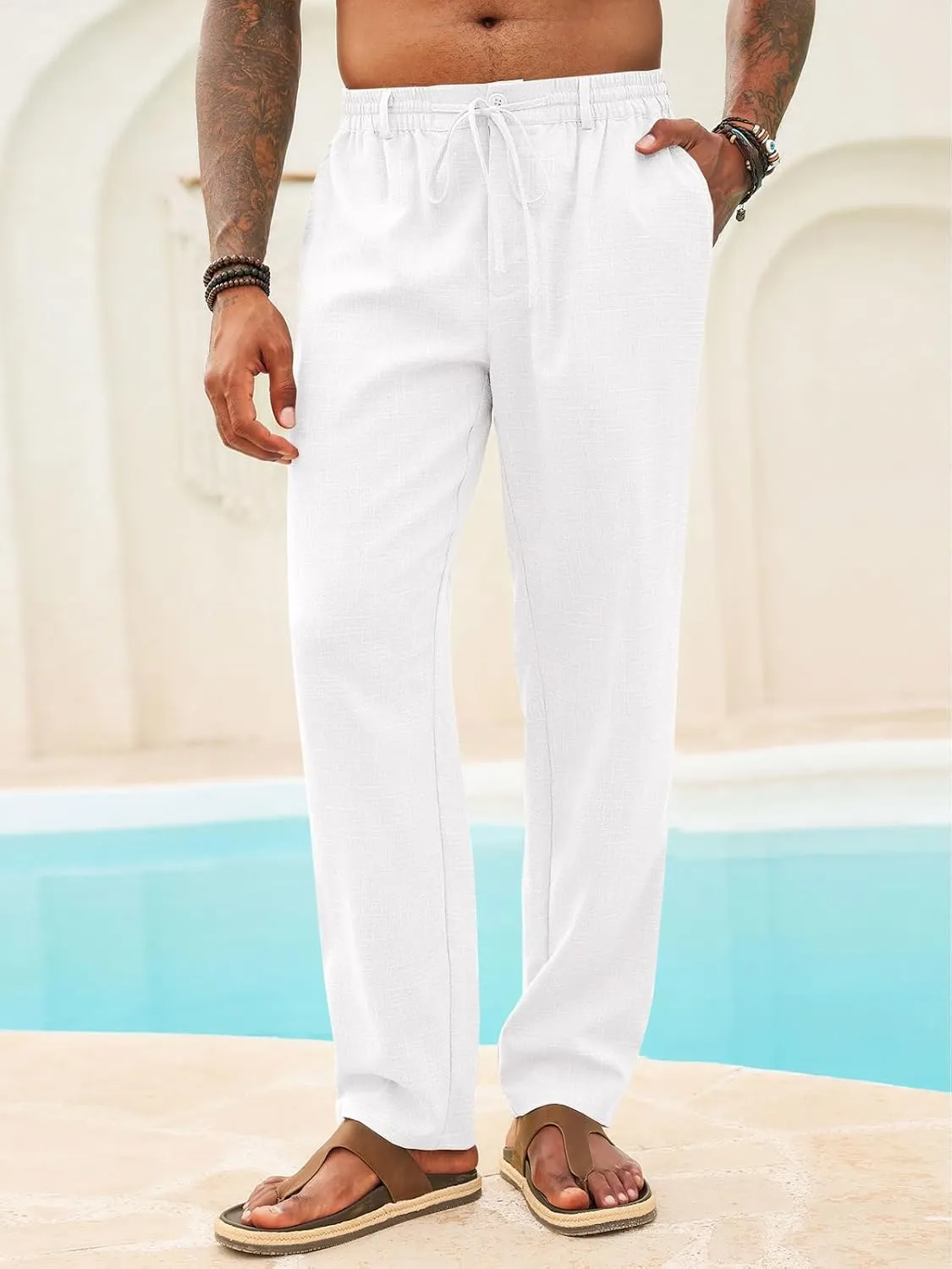 Runcati Mens Casual Pants Linen Elastic Waist Drawstring Lightweight Pants Loose Fit Summer Beach Yoga Trouser