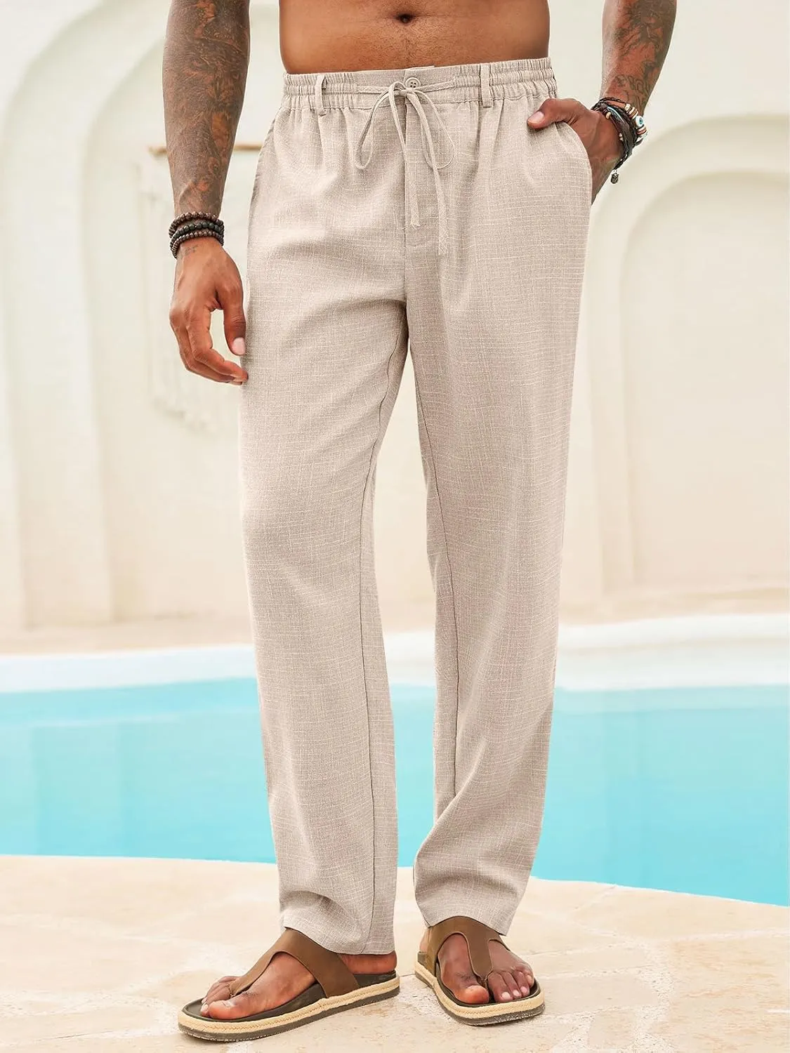 Runcati Mens Casual Pants Linen Elastic Waist Drawstring Lightweight Pants Loose Fit Summer Beach Yoga Trouser