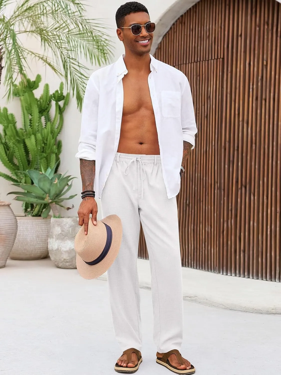 Runcati Mens Casual Pants Linen Elastic Waist Drawstring Lightweight Pants Loose Fit Summer Beach Yoga Trouser