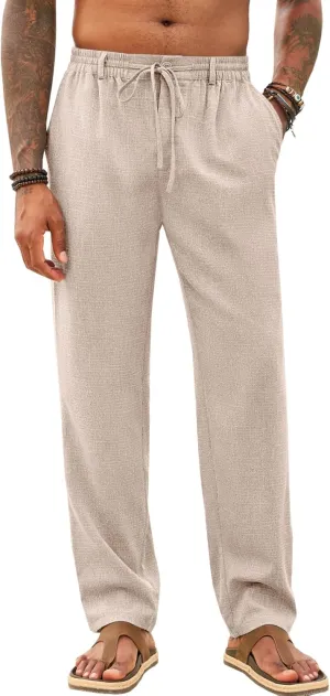 Runcati Mens Casual Pants Linen Elastic Waist Drawstring Lightweight Pants Loose Fit Summer Beach Yoga Trouser