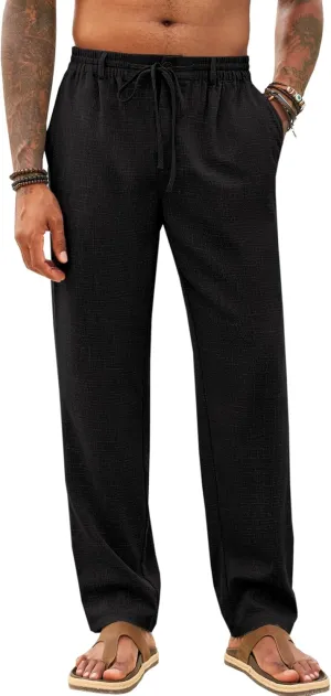 Runcati Mens Casual Pants Linen Elastic Waist Drawstring Lightweight Pants Loose Fit Summer Beach Yoga Trouser