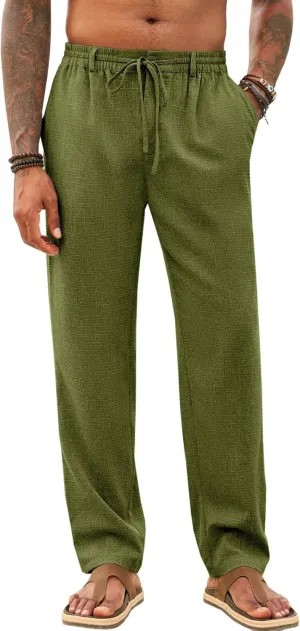 Runcati Mens Casual Pants Linen Elastic Waist Drawstring Lightweight Pants Loose Fit Summer Beach Yoga Trouser