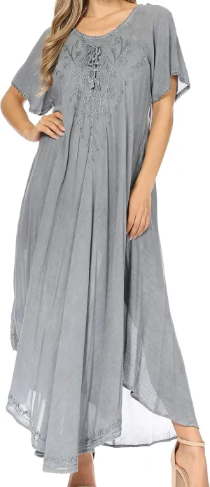 Sakkas Lilia Embroidered Lace Up Bodice Relaxed Fit Maxi Sun Dress