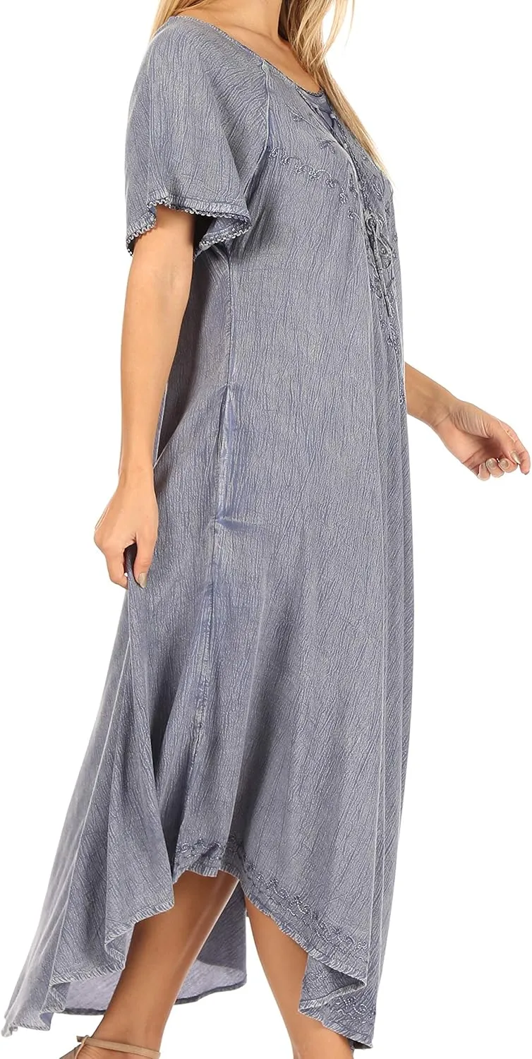 Sakkas Lilia Embroidered Lace Up Bodice Relaxed Fit Maxi Sun Dress