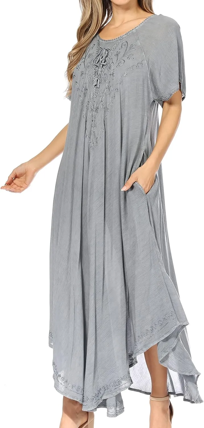Sakkas Lilia Embroidered Lace Up Bodice Relaxed Fit Maxi Sun Dress