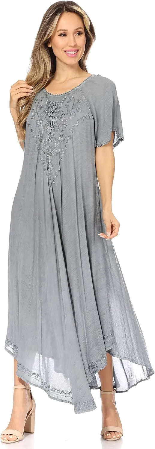 Sakkas Lilia Embroidered Lace Up Bodice Relaxed Fit Maxi Sun Dress