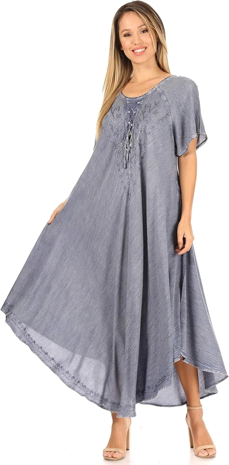 Sakkas Lilia Embroidered Lace Up Bodice Relaxed Fit Maxi Sun Dress