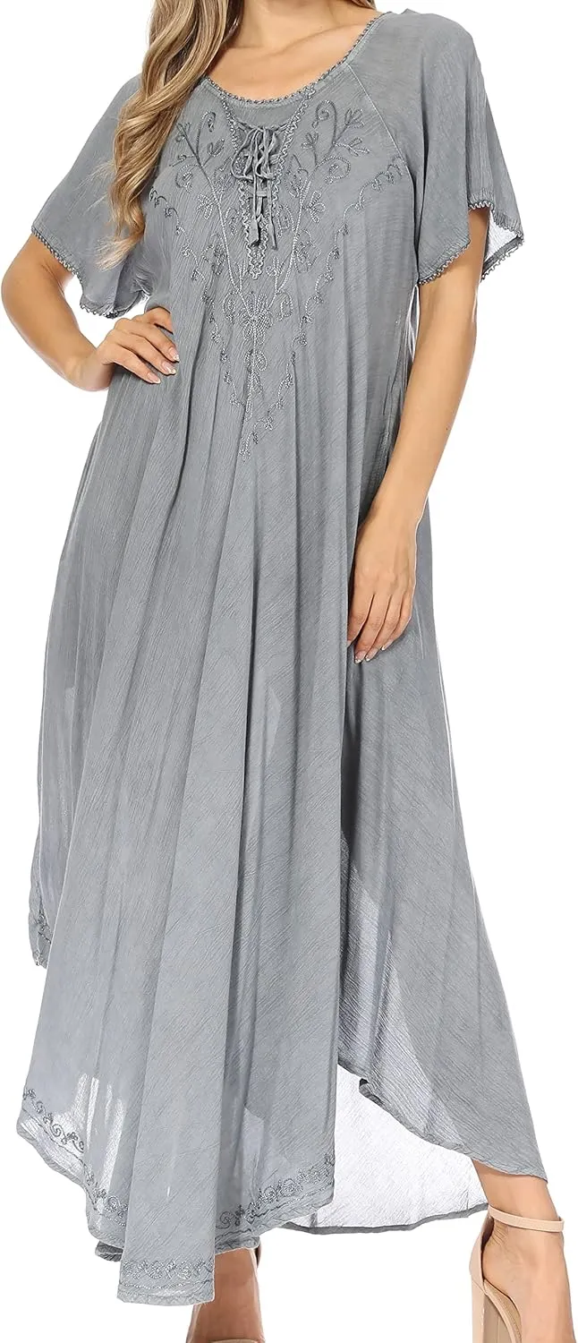 Sakkas Lilia Embroidered Lace Up Bodice Relaxed Fit Maxi Sun Dress