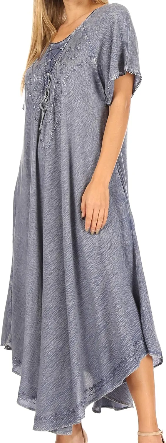 Sakkas Lilia Embroidered Lace Up Bodice Relaxed Fit Maxi Sun Dress