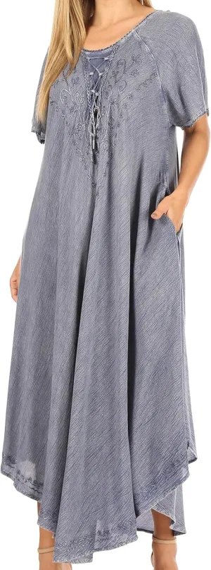 Sakkas Lilia Embroidered Lace Up Bodice Relaxed Fit Maxi Sun Dress