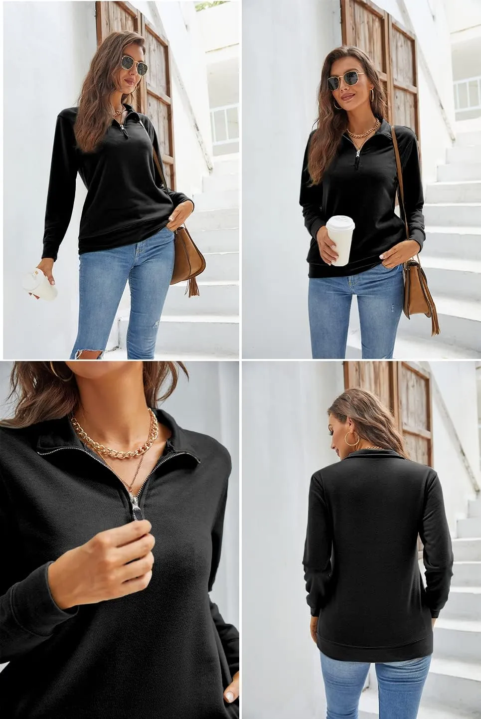 Samefar Womens Warm Cozy High Neck Long Sleeve Solid 1/4 Zip Pullover Sweatshirts with Pockets