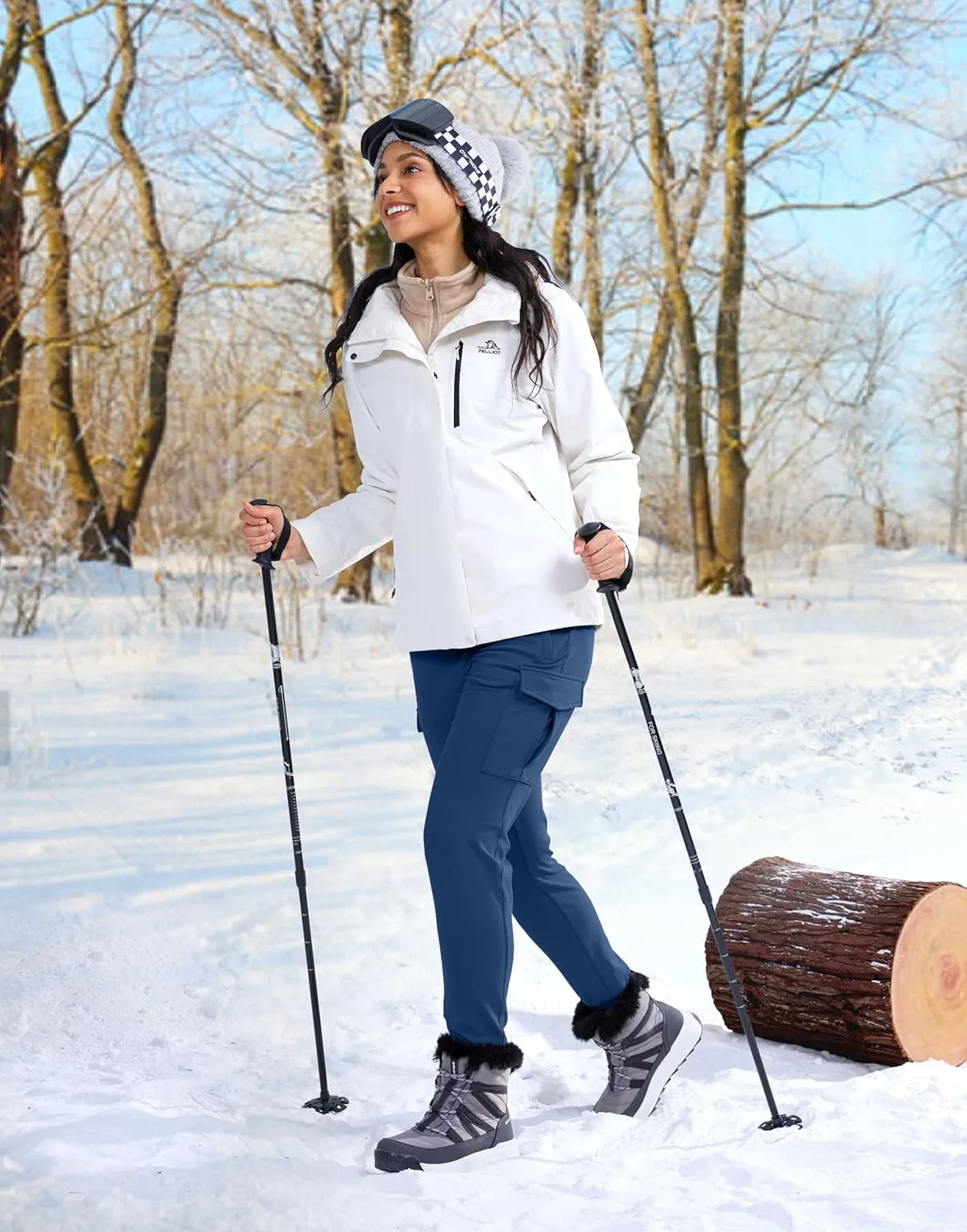 SANTINY Women Fleece Lined Cargo Joggers High Waisted Winter Warm Waterproof Hiking Pants with Zipper Pockets