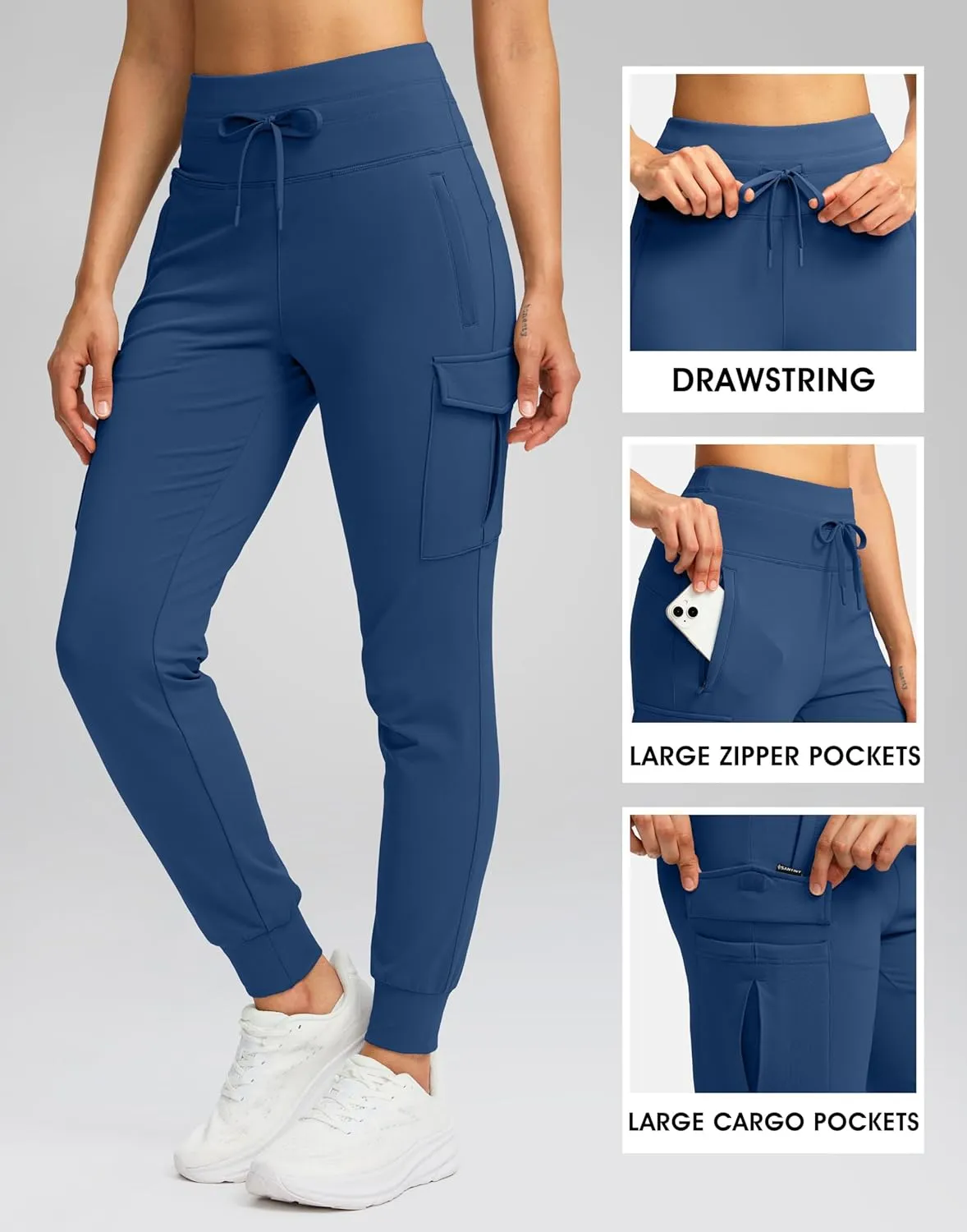 SANTINY Women Fleece Lined Cargo Joggers High Waisted Winter Warm Waterproof Hiking Pants with Zipper Pockets