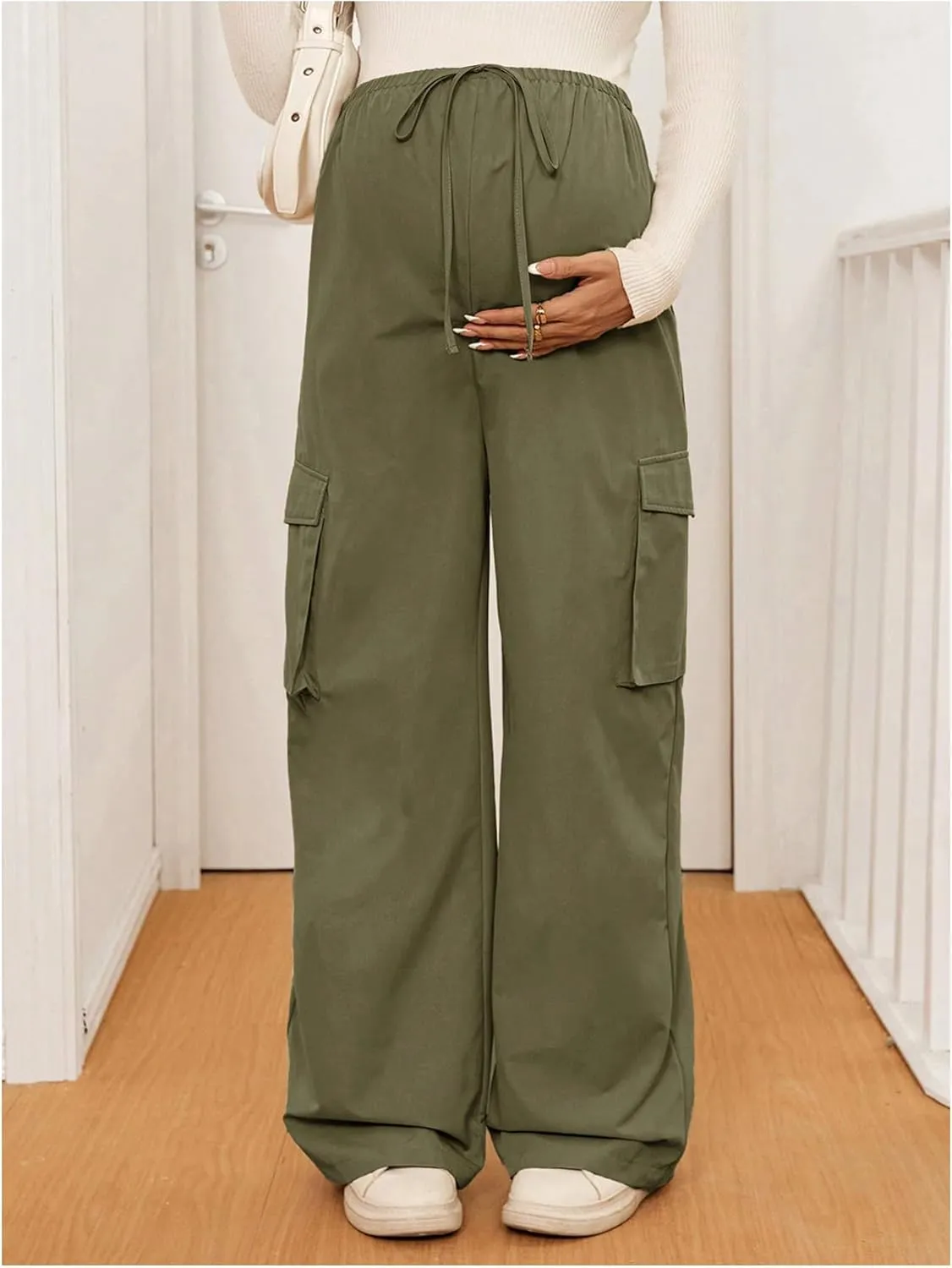 SHENHE Women's Maternity Cargo Pants High Waist Wide Leg Loose Pregnancy Trousers