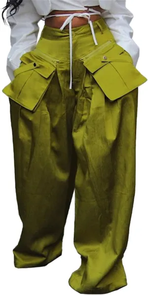 SHINFY Women's Satin Cargo Pants Y2K Baggy High Waisted Wide Leg Removable Flap Pockets Palazzo Pants