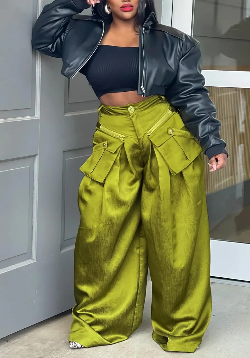 SHINFY Women's Satin Cargo Pants Y2K Baggy High Waisted Wide Leg Removable Flap Pockets Palazzo Pants