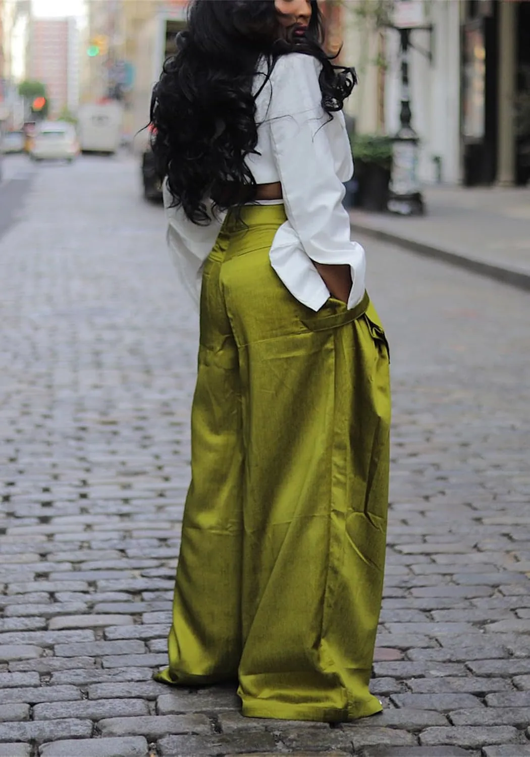SHINFY Women's Satin Cargo Pants Y2K Baggy High Waisted Wide Leg Removable Flap Pockets Palazzo Pants