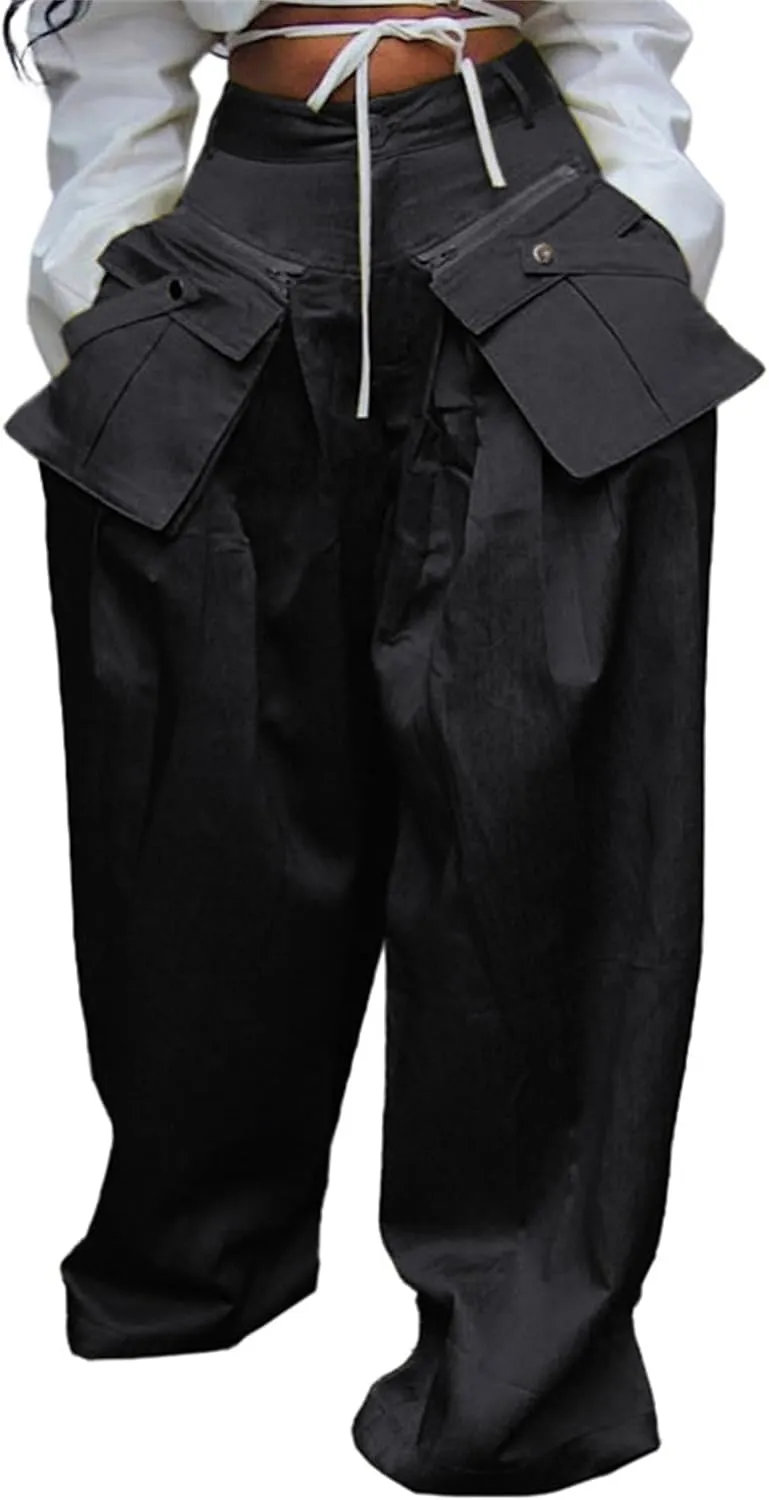 SHINFY Women's Satin Cargo Pants Y2K Baggy High Waisted Wide Leg Removable Flap Pockets Palazzo Pants