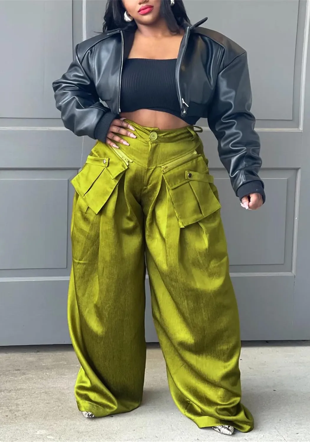 SHINFY Women's Satin Cargo Pants Y2K Baggy High Waisted Wide Leg Removable Flap Pockets Palazzo Pants
