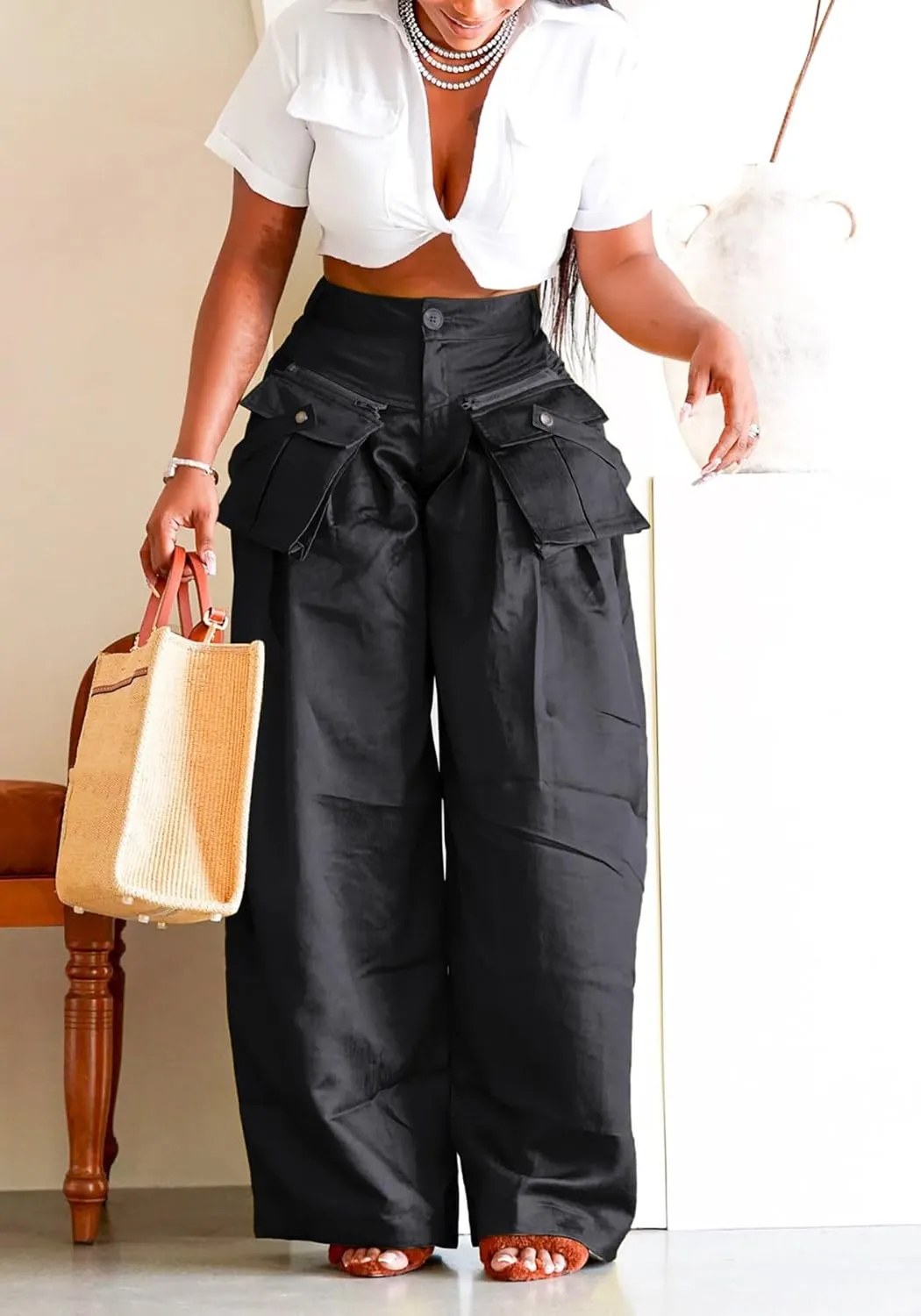 SHINFY Women's Satin Cargo Pants Y2K Baggy High Waisted Wide Leg Removable Flap Pockets Palazzo Pants
