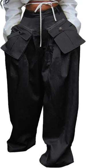 SHINFY Women's Satin Cargo Pants Y2K Baggy High Waisted Wide Leg Removable Flap Pockets Palazzo Pants