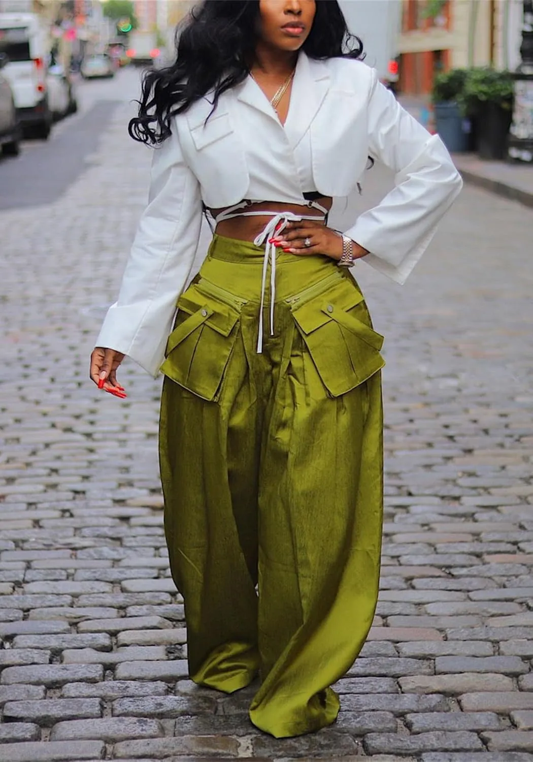 SHINFY Women's Satin Cargo Pants Y2K Baggy High Waisted Wide Leg Removable Flap Pockets Palazzo Pants