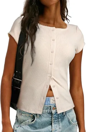 Sidefeel Women's Going Out Tops Summer Short Sleeve Cardigans Button Down Crewneck Lightweight Sweater Knit Tops
