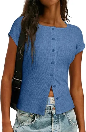 Sidefeel Women's Going Out Tops Summer Short Sleeve Cardigans Button Down Crewneck Lightweight Sweater Knit Tops