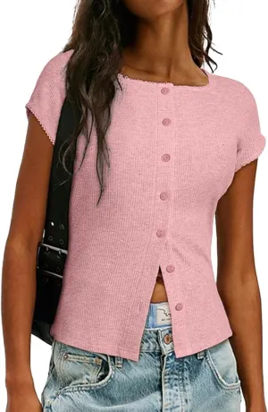 Sidefeel Women's Going Out Tops Summer Short Sleeve Cardigans Button Down Crewneck Lightweight Sweater Knit Tops